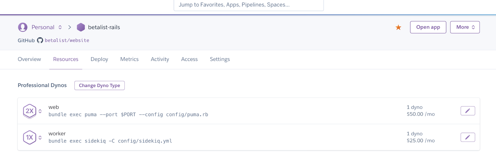 BetaList's Heroku dyno configuration, showing a 2X web dyno and a 1X worker dyno for Sidekiq